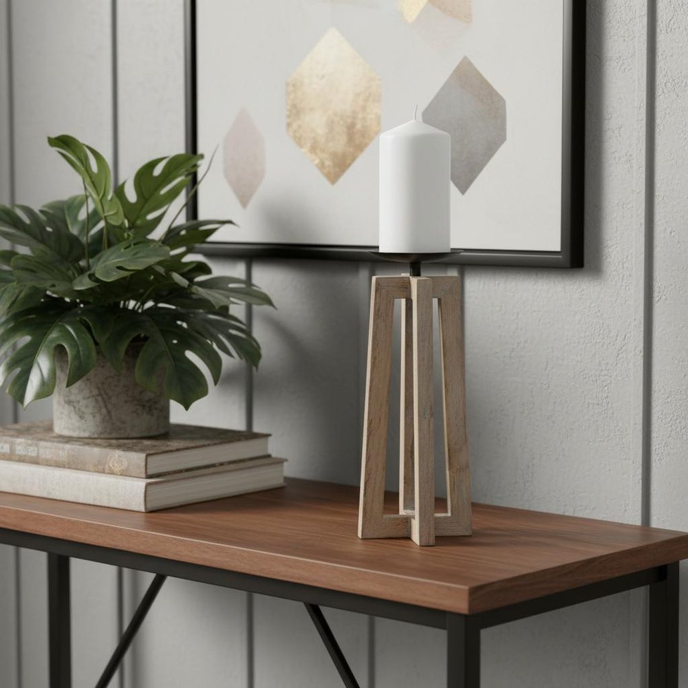 12" Light Brown Distressed Geometric Solid Wood And Metal Tabletop Pillar Candle Holder