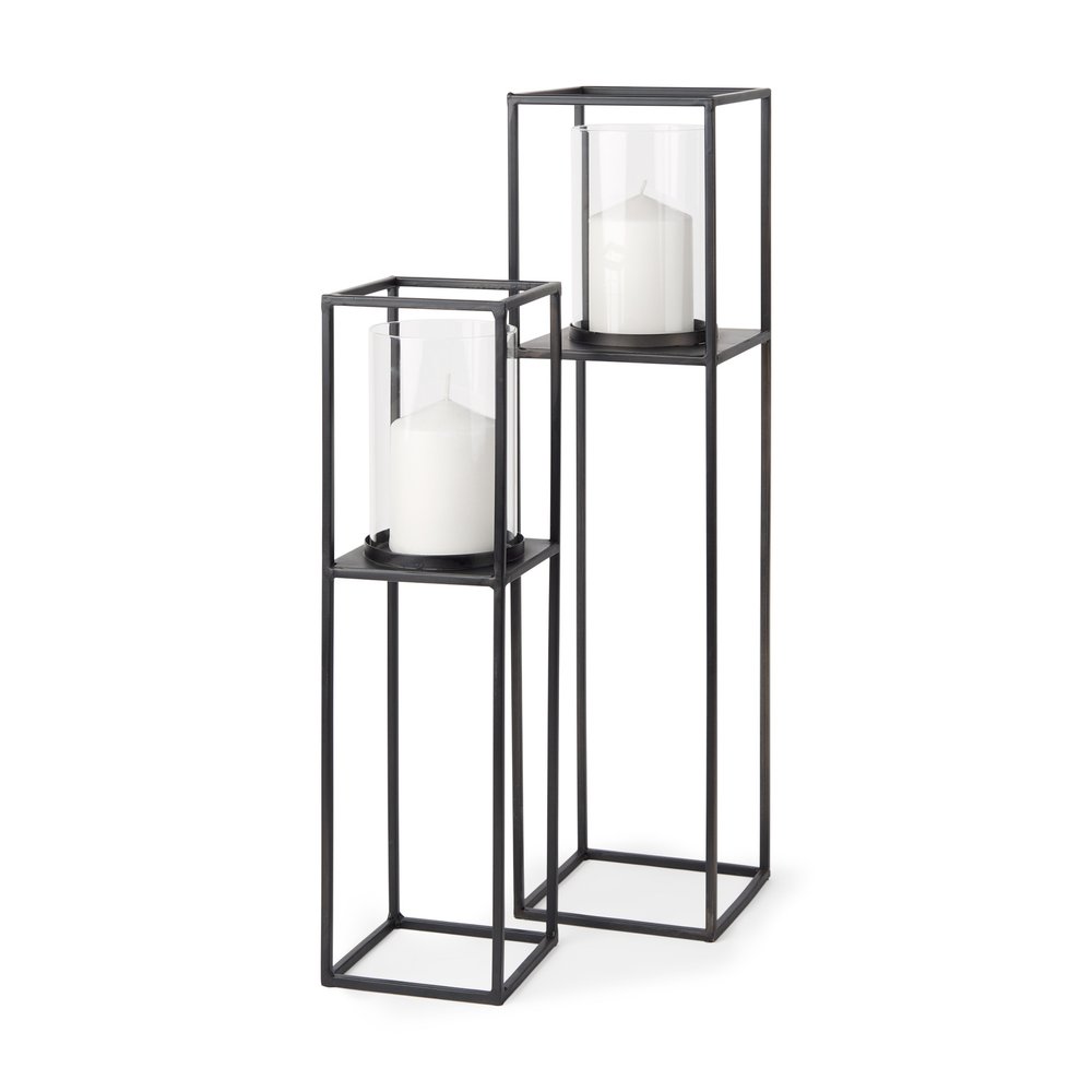 Set of Two Black Geometric Metal And Glass Tabletop Hurricane Candle Holders