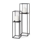 Set of Two Black Geometric Metal And Glass Tabletop Hurricane Candle Holders
