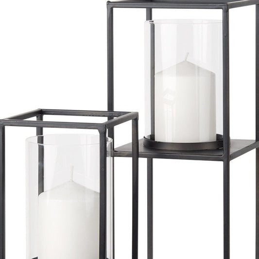 Set of Two Black Geometric Metal And Glass Tabletop Hurricane Candle Holders