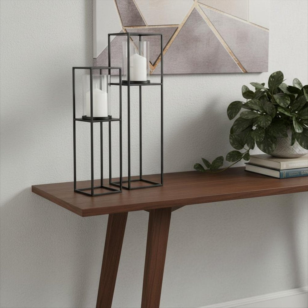 Set of Two Black Geometric Metal And Glass Tabletop Hurricane Candle Holders