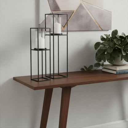 Set of Two Black Geometric Metal And Glass Tabletop Hurricane Candle Holders