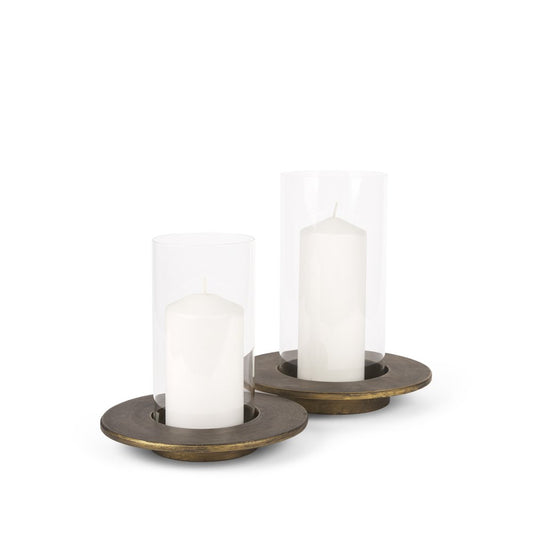 Set of Two Gold Distressed Geometric Metal Tabletop Hurricane Candle Holders