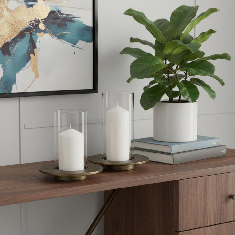 Set of Two Gold Distressed Geometric Metal Tabletop Hurricane Candle Holders