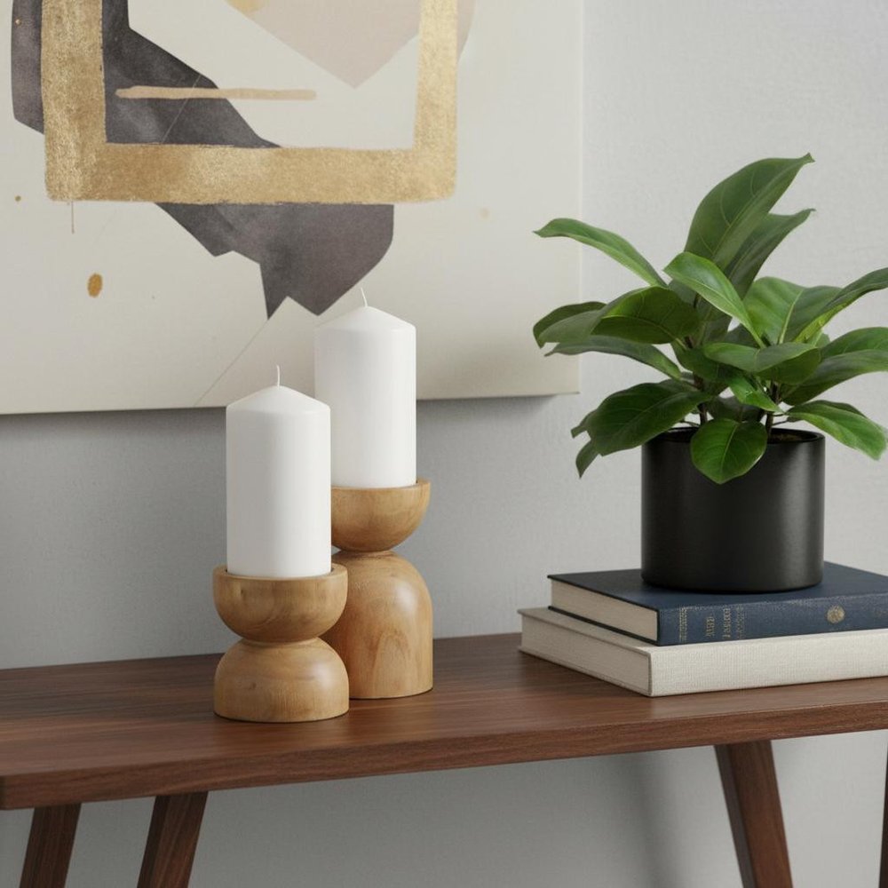 Set of Two Brown Distressed Geometric Solid Wood Tabletop Pillar Candle Holders