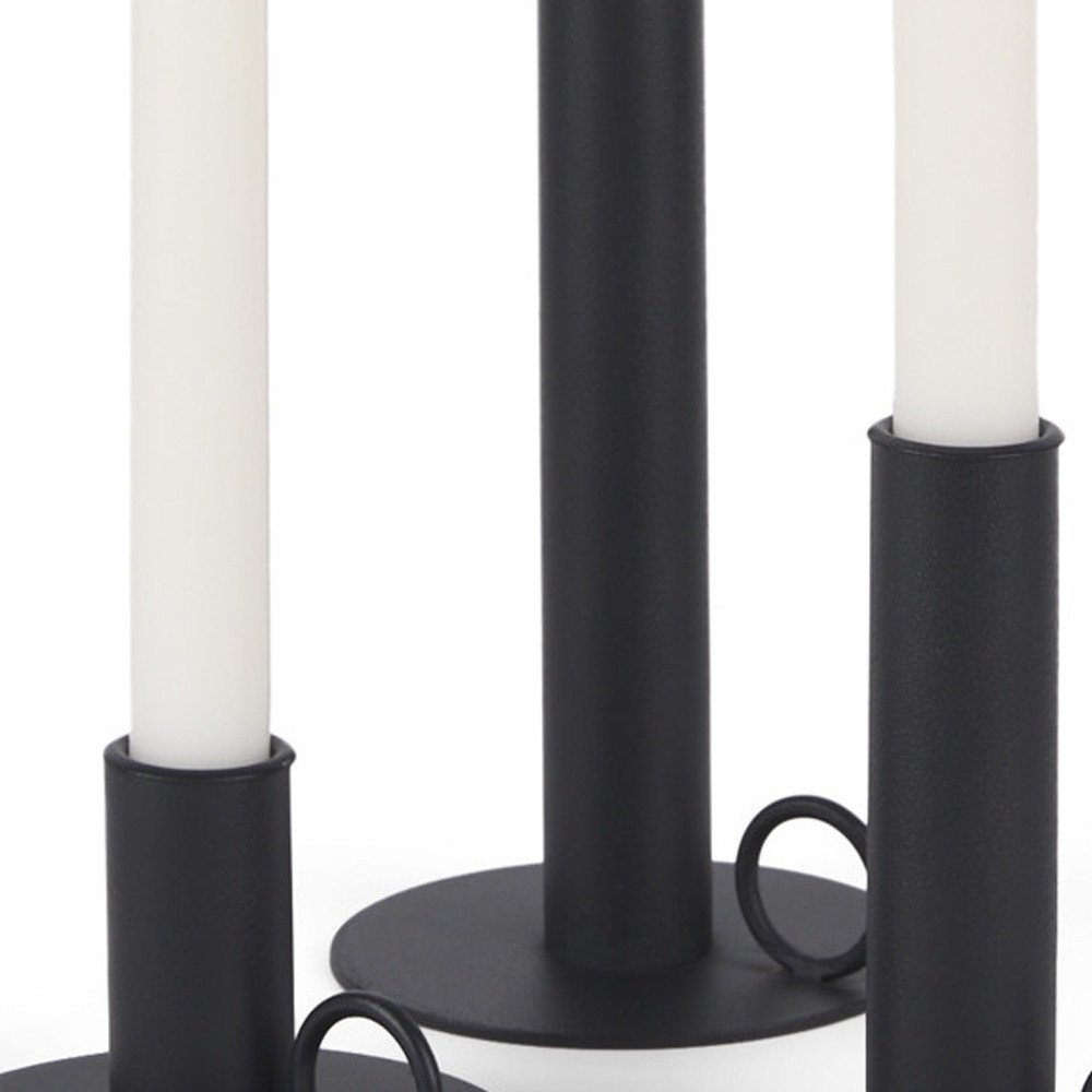 Set of Three Black Geometric Metal Tabletop Taper Candlesticks