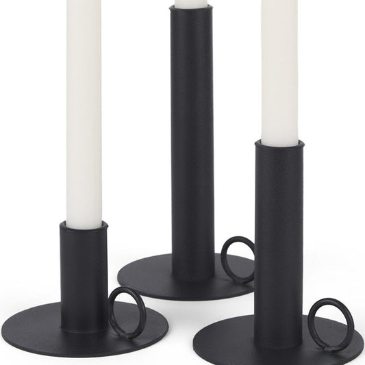 Set of Three Black Geometric Metal Tabletop Taper Candlesticks