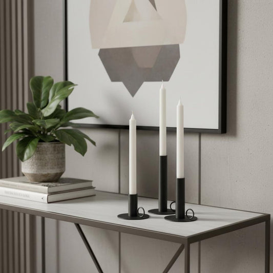 Set of Three Black Geometric Metal Tabletop Taper Candlesticks