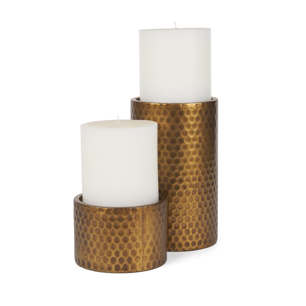 Set of Two Gold Distressed Hammered Metal Tabletop Pillar Candle Holders