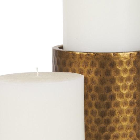 Set of Two Gold Distressed Hammered Metal Tabletop Pillar Candle Holders