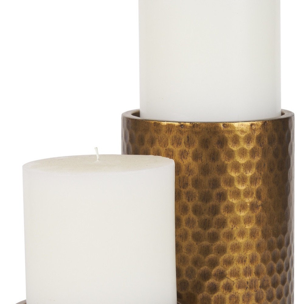 Set of Two Gold Distressed Hammered Metal Tabletop Pillar Candle Holders