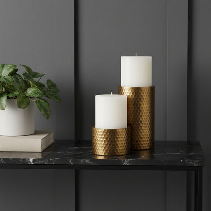 Set of Two Gold Distressed Hammered Metal Tabletop Pillar Candle Holders
