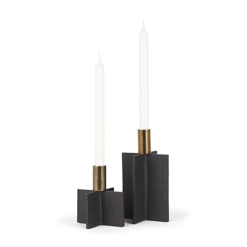 Set of Two Black And Gold Geometric Metal Tabletop Taper Candle Holders