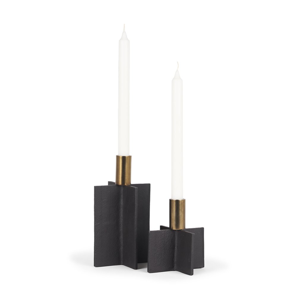 Set of Two Black And Gold Geometric Metal Tabletop Taper Candle Holders