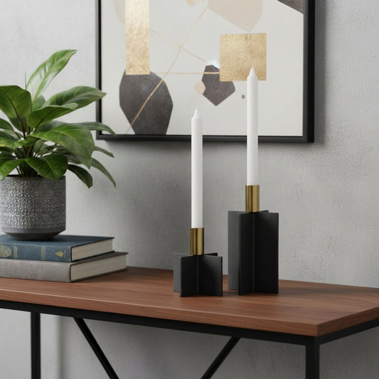 Set of Two Black And Gold Geometric Metal Tabletop Taper Candle Holders