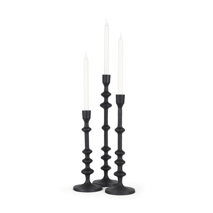 Set of Three Black Geometric Metal Tabletop Taper Candlesticks
