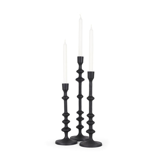Set of Three Black Geometric Metal Tabletop Taper Candlesticks