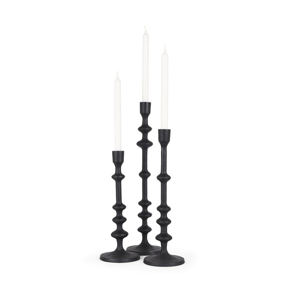 Set of Three Black Geometric Metal Tabletop Taper Candlesticks
