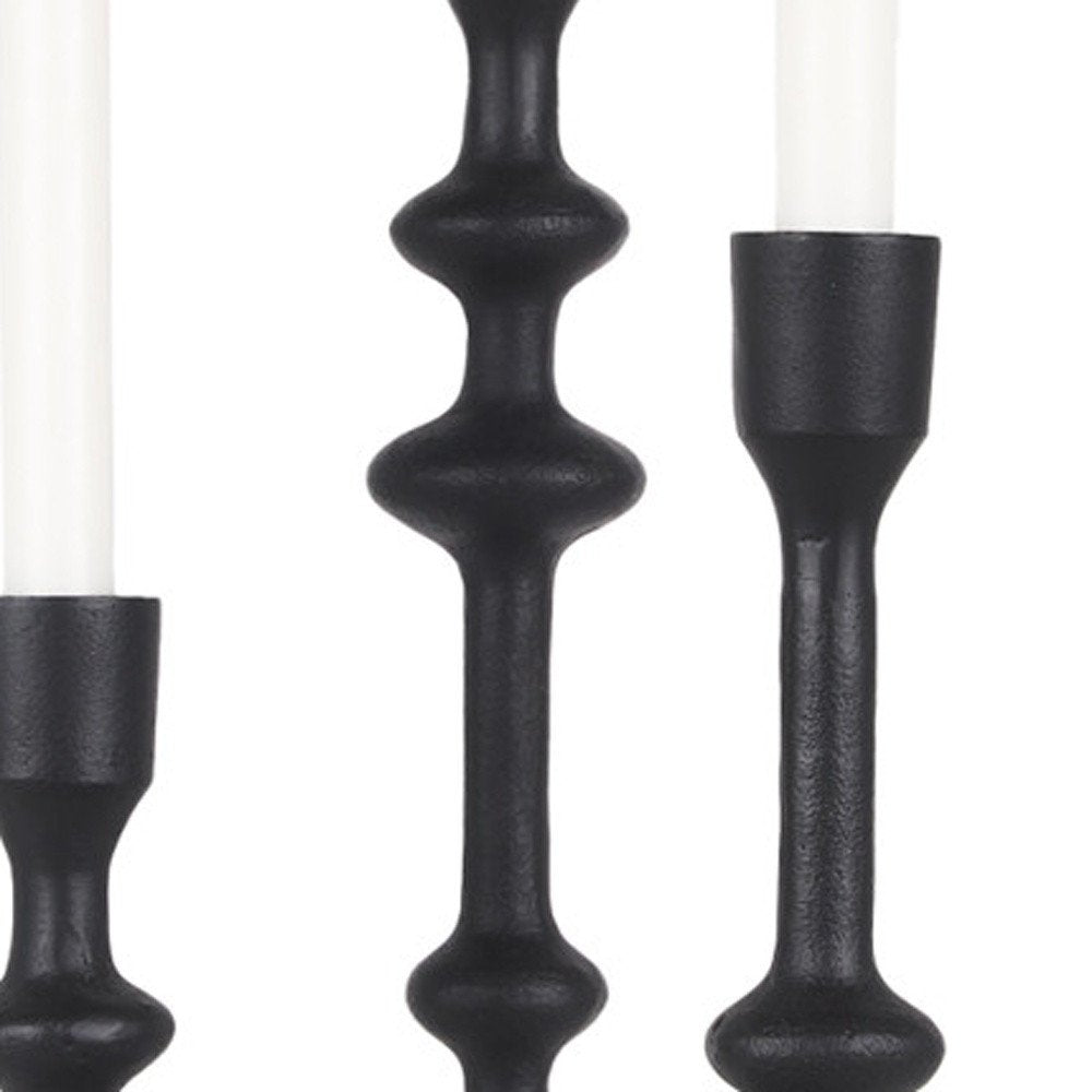 Set of Three Black Geometric Metal Tabletop Taper Candlesticks