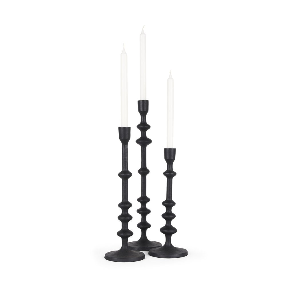Set of Three Black Geometric Metal Tabletop Taper Candlesticks