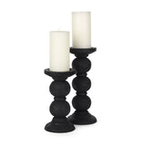 Set of Two Black Wood Abstract Tabletop Candle Holders