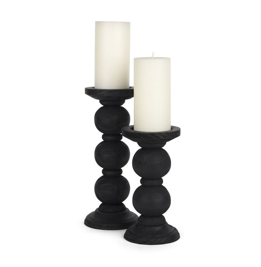 Set of Two Black Wood Abstract Tabletop Candle Holders