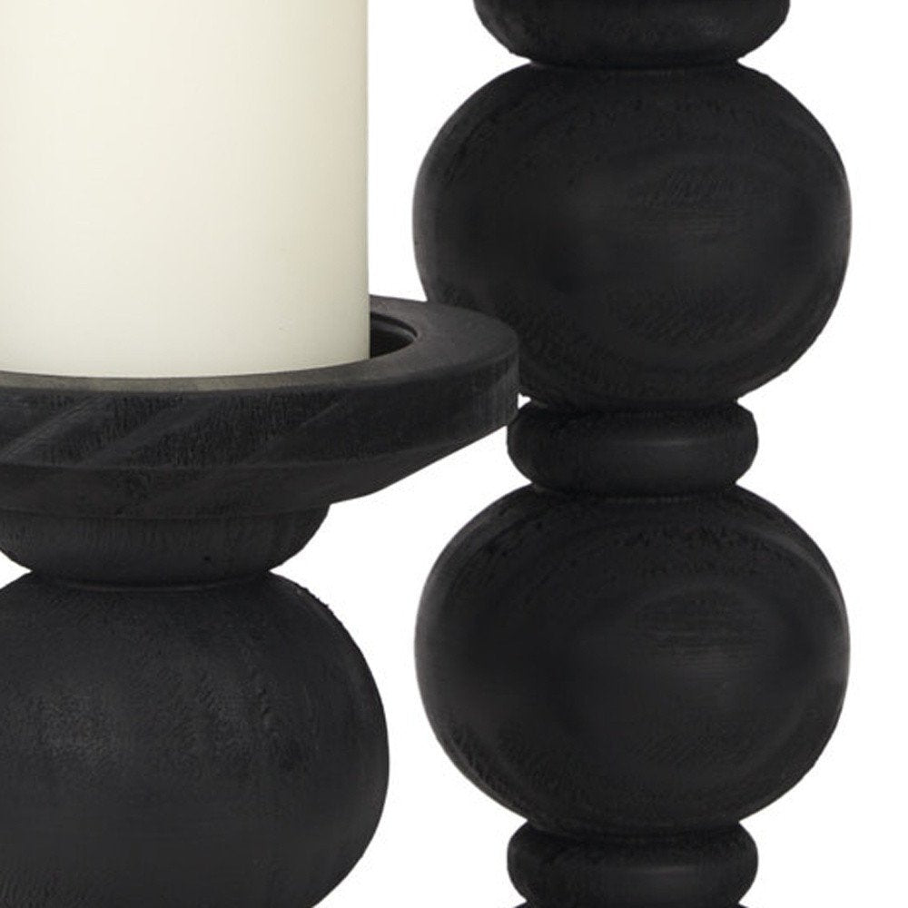 Set of Two Black Wood Abstract Tabletop Candle Holders