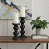 Set of Two Black Wood Abstract Tabletop Candle Holders
