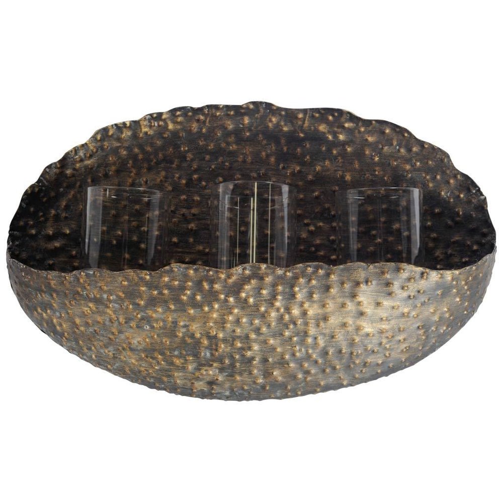 12" Bronze Distressed Hammered Glass And Metal Hurricane Candle Holder