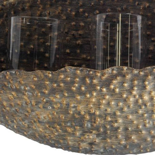 12" Bronze Distressed Hammered Glass And Metal Hurricane Candle Holder