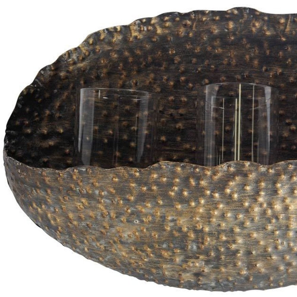 12" Bronze Distressed Hammered Glass And Metal Hurricane Candle Holder