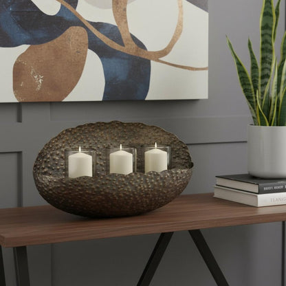 12" Bronze Distressed Hammered Glass And Metal Hurricane Candle Holder