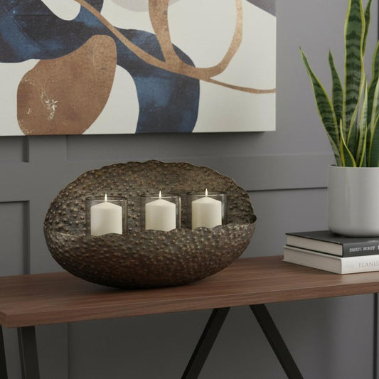 12" Bronze Distressed Hammered Glass And Metal Hurricane Candle Holder