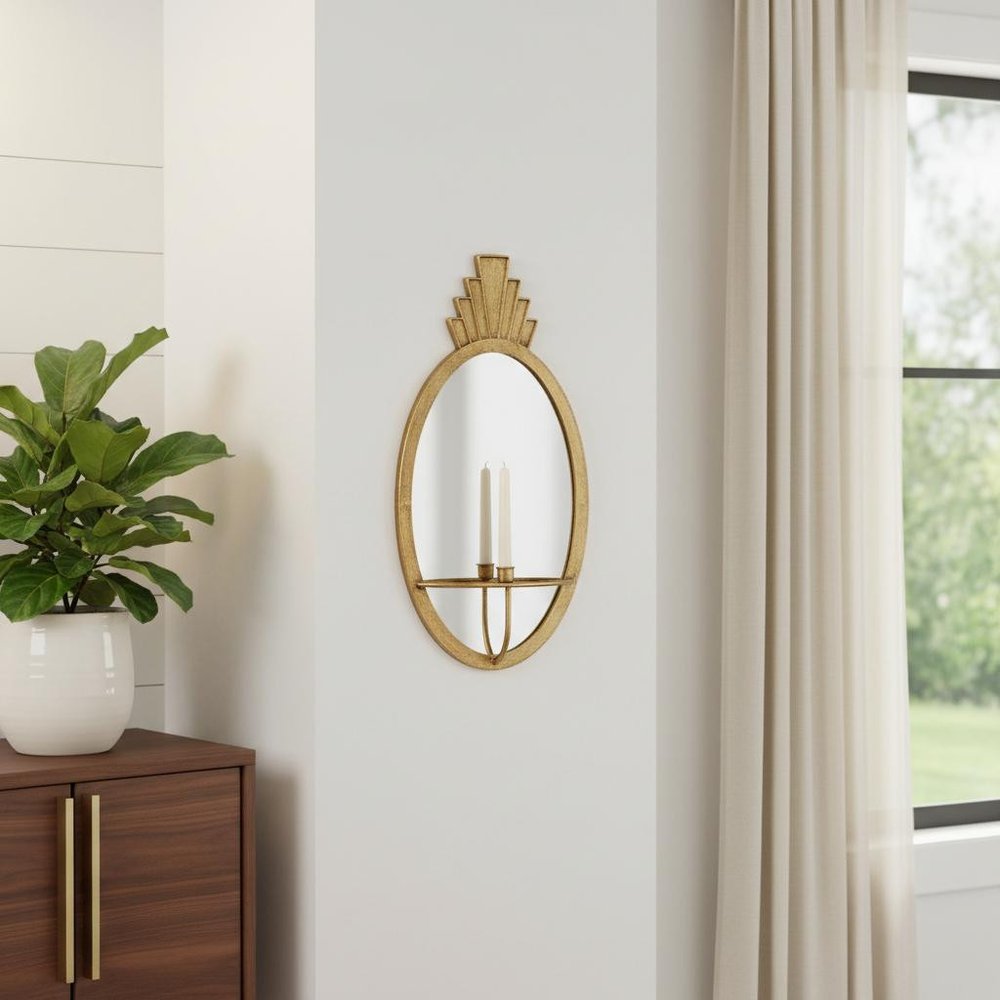 28" Gold Mirrored Metal And Glass Wall Sconce Candle Holder