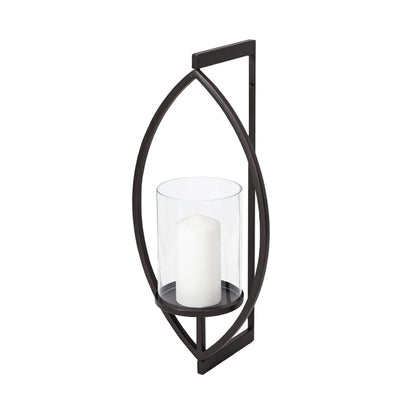 22" Black Geometric Metal And Glass Lantern Candle Holder