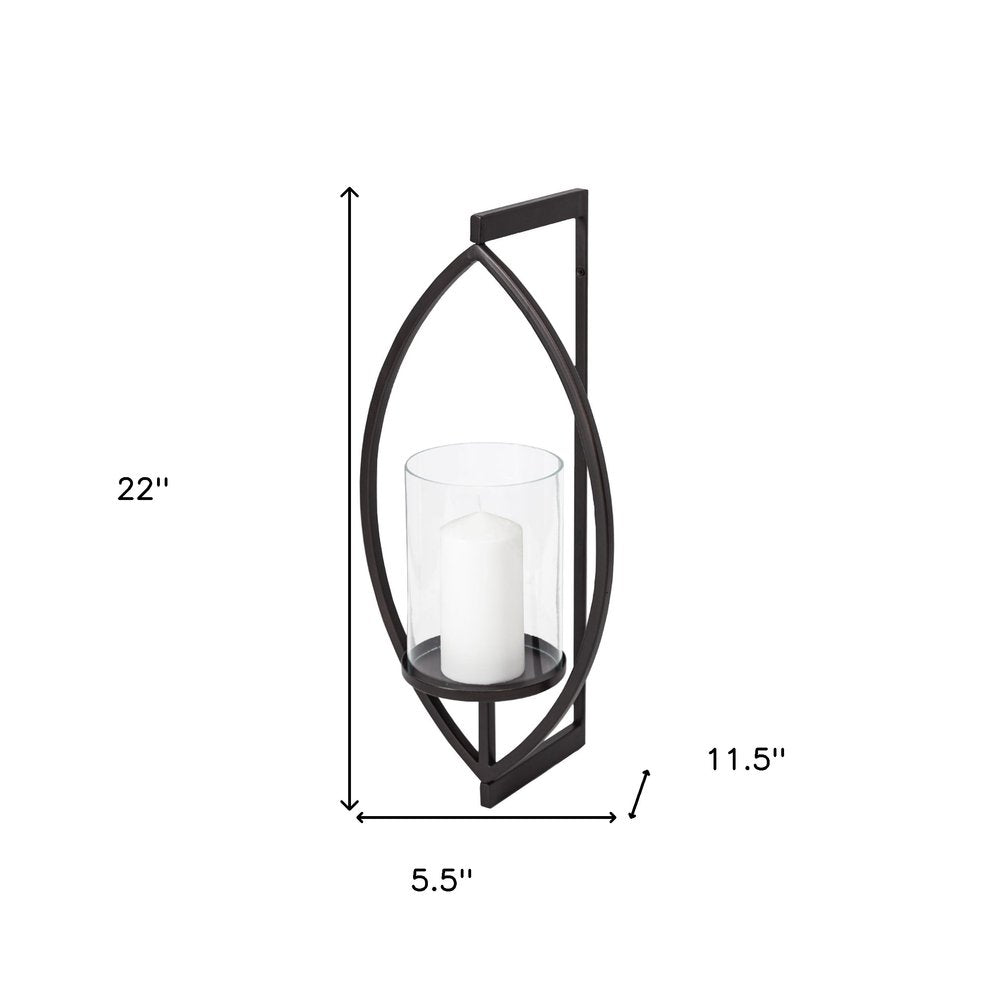 22" Black Geometric Metal And Glass Lantern Candle Holder