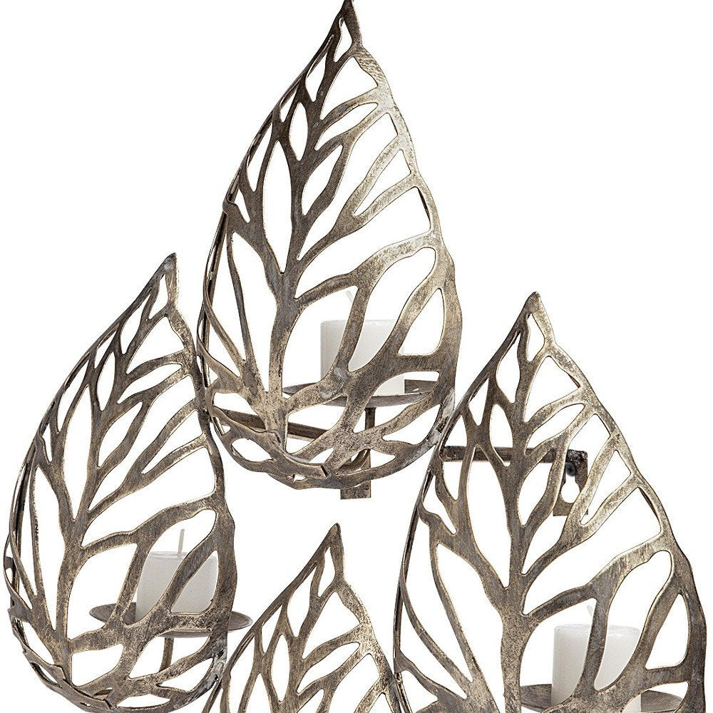 18" Champagne Distressed Botanical Leaf Metal Wall Sconce Candle Holder