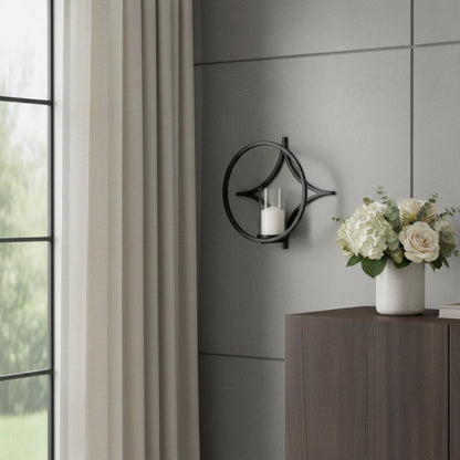 6" Black Quatrefoil Metal And Glass Wall Sconce Candle Holder