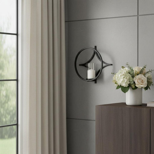 6" Black Quatrefoil Metal And Glass Wall Sconce Candle Holder