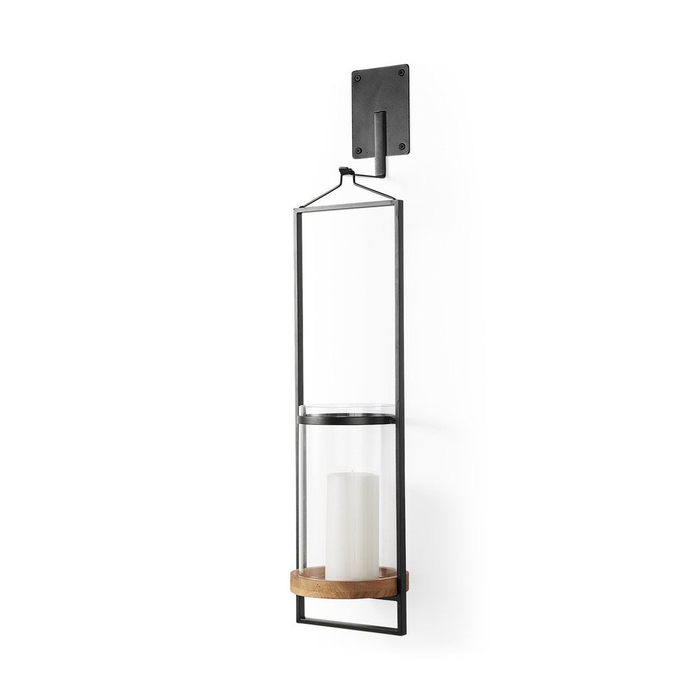 24" Black Distressed Geometric Metal Solid Wood And Glass Wall Sconce Candle Holder