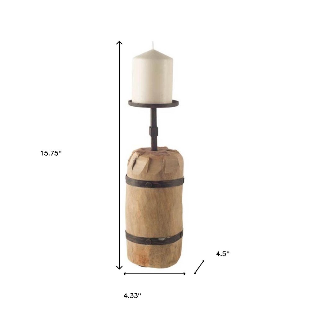 16" Brown Distressed Abstract Solid Wood Tabletop Pillar Candle Holder