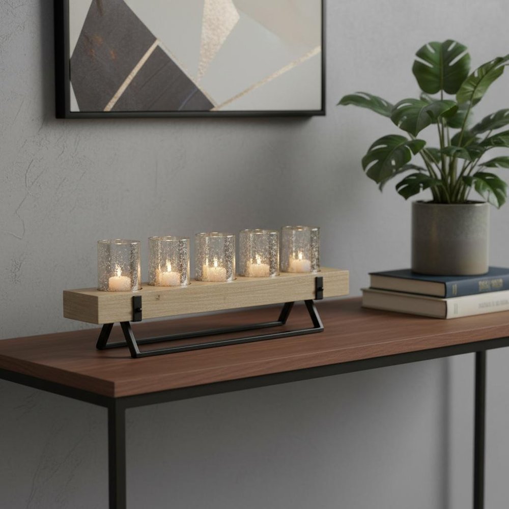 7" Black And Brown Distressed Mirrored Solid Wood Metal And Glass Tabletop Votive Candle Holder