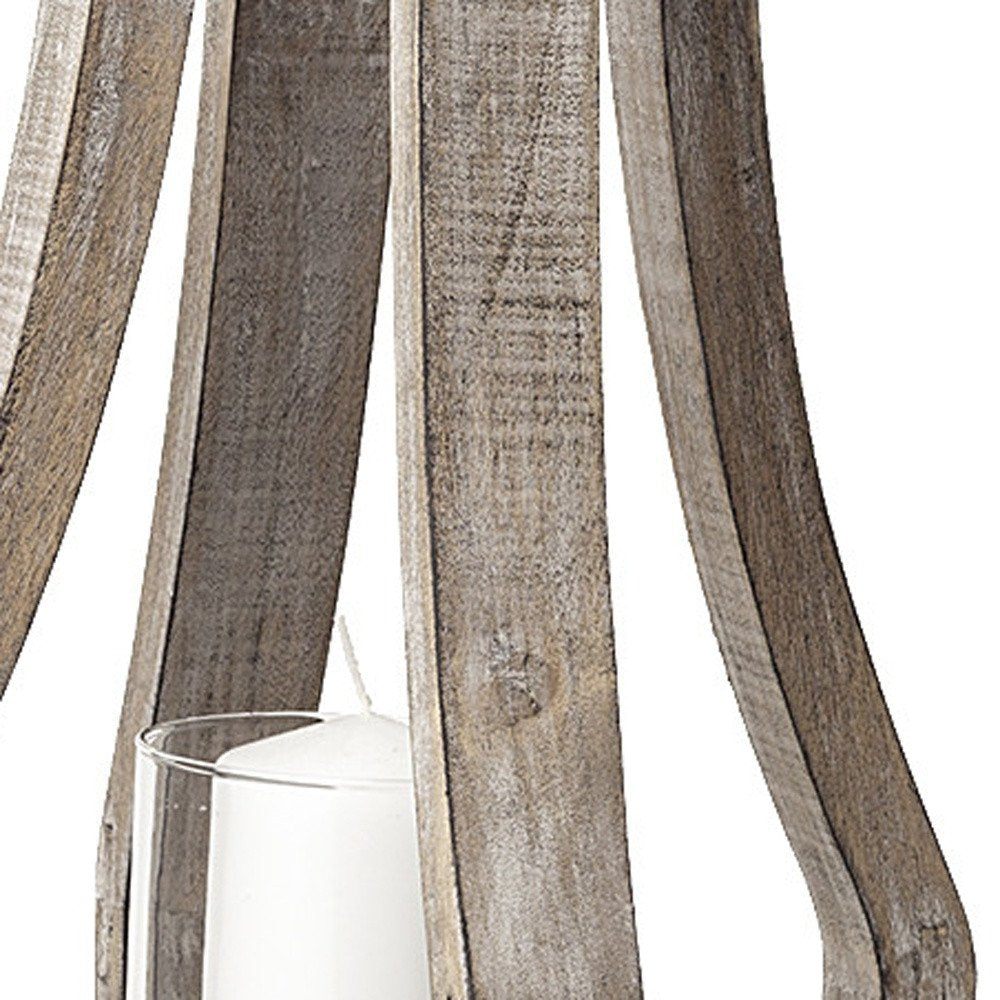 17" Brown Distressed Geometric Solid Wood And Metal Tabletop Hurricane Candle Holder