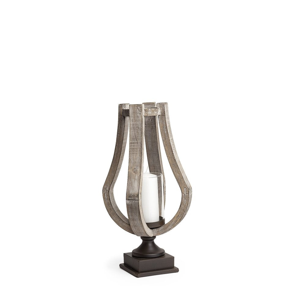 17" Brown Distressed Geometric Solid Wood And Metal Tabletop Hurricane Candle Holder