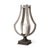 25" Brown Distressed Geometric Solid Wood Metal And Glass Tabletop Hurricane Candle Holder