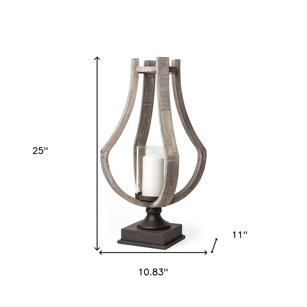 25" Brown Distressed Geometric Solid Wood Metal And Glass Tabletop Hurricane Candle Holder