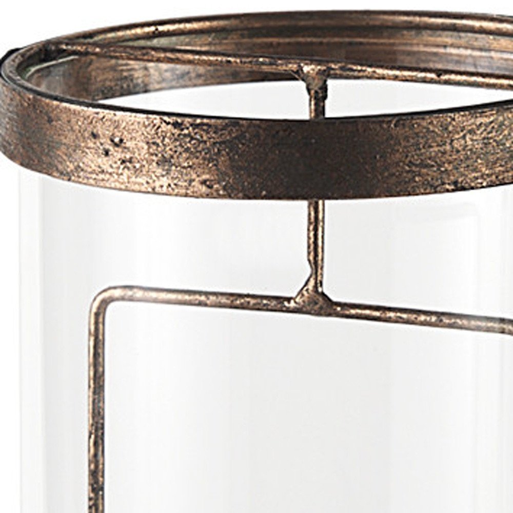 12" Copper Distressed Geometric Metal And Glass Tabletop Hurricane Candle Holder