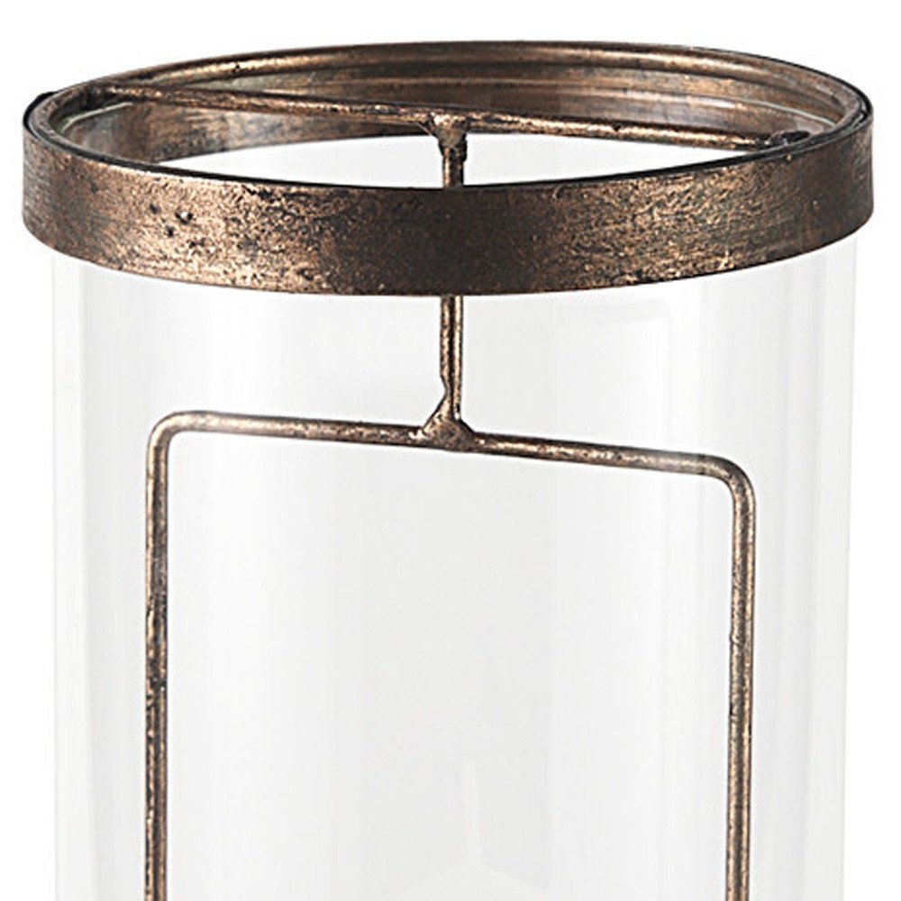 12" Copper Distressed Geometric Metal And Glass Tabletop Hurricane Candle Holder