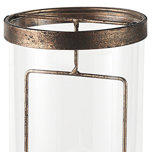 12" Copper Distressed Geometric Metal And Glass Tabletop Hurricane Candle Holder