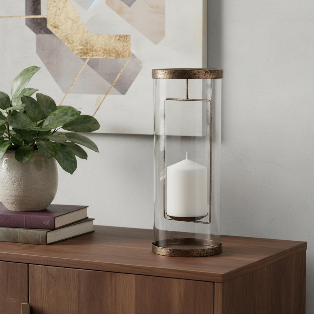 12" Copper Distressed Geometric Metal And Glass Tabletop Hurricane Candle Holder